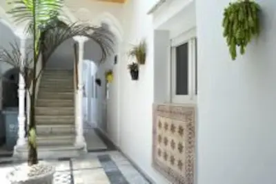 a hallway of a house with a staircase and a palm tree at APARTAMENTO VEEDOR 19 DÍAS Y MUCHAS NOCHES in Cádiz