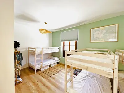 two bunk beds in a room with green walls at Villa Velero - Ole Solutions in Sanlúcar de Barrameda