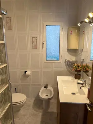 a white bathroom with a toilet and a sink at Rinconcito Gaditano con GARAJE al lado de la PLAYA in Cádiz