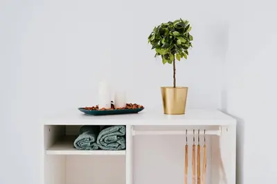 a white cabinet with a potted plant on it at Apartamento Valdés - Ole Solutions in El Puerto de Santa María