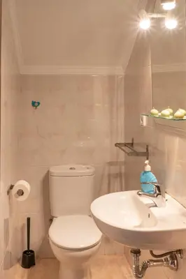 a bathroom with a white toilet and a sink at Casa RECREO in Cádiz