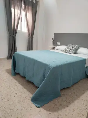 a bedroom with a large bed with a blue blanket at Mima in Cádiz