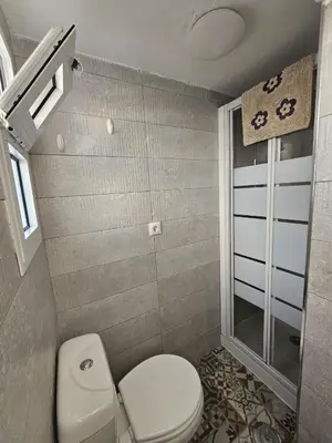 a small bathroom with a toilet and a shower at Plaza de las Bodegas in El Puerto de Santa María