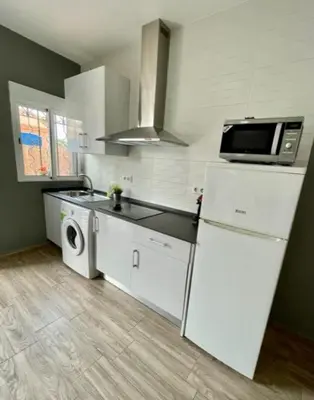 a kitchen with a white refrigerator and a microwave at GATU Sherry, junto puerto deportivo y playa in El Puerto de Santa María