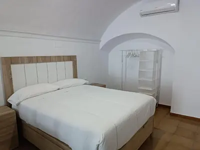a bedroom with a white bed and a shower at La Bodeguita in Jerez de la Frontera