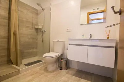 a bathroom with a toilet and a shower at Apartamento Herrería centro in El Puerto de Santa María