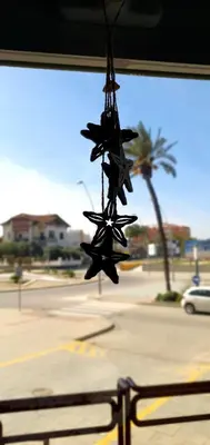 a group of stars hanging from the window of a bus at Playa Doñana 2 in Sanlúcar de Barrameda