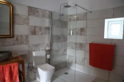 a bathroom with a toilet and a shower with a red towel at Casa de la Fra in Jerez de la Frontera