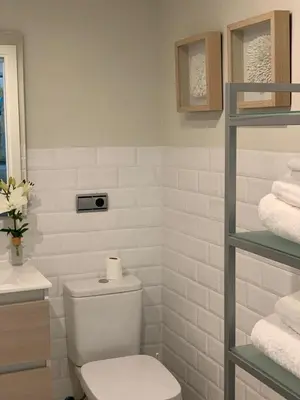 a bathroom with a toilet and a sink with towels at Coral Oro en la Caleta Ha Apartment in Cádiz