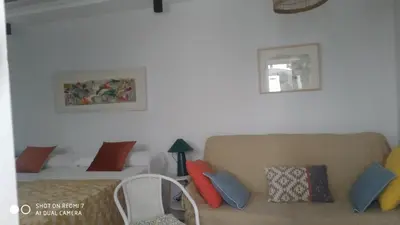 a living room with a couch with colorful pillows at Estudio 