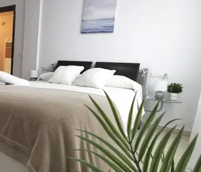 a bedroom with a bed with white sheets and a plant at Apartamento Pirrado in Sanlúcar de Barrameda