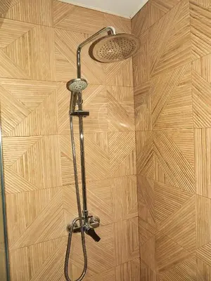 a shower in a bathroom with a wooden wall at Apartamentos Consistorio Live in Jerez de la Frontera