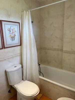a bathroom with a toilet and a bath tub at Casa piscina Playa Barrosa Delfin 6 in Chiclana de la Frontera