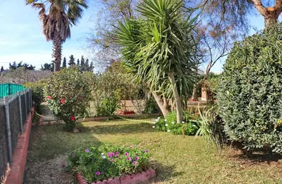 a garden with palm trees and flowers at Chalet Verde Agua in Conil de la Frontera