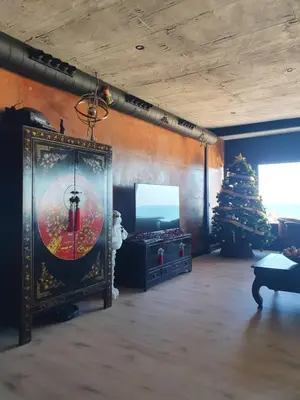 a living room with a christmas tree and a tv at El vigía de cadiz in Cádiz