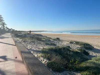 a sandy beach with a path next to the ocean at Villa Irina in Chiclana de la Frontera