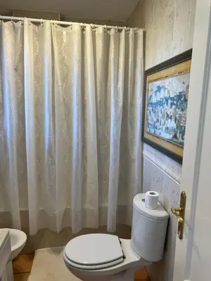 a bathroom with a toilet and a shower curtain at Casa piscina playa Barrosa Delfin 7 in Chiclana de la Frontera