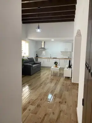 a living room with a couch and a kitchen at Apartamento La Saeta in Jerez de la Frontera