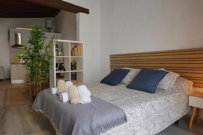 a bedroom with a bed with blue and white pillows at Apartamento AstaRegia in Jerez de la Frontera