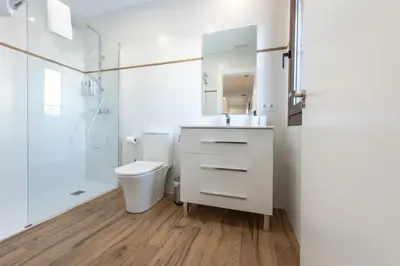 a white bathroom with a toilet and a shower at Apartamentos Santa María 15 in Jerez de la Frontera