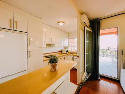 a kitchen with a table with a potted plant on it at Mika's House Pool in Sanlúcar de Barrameda