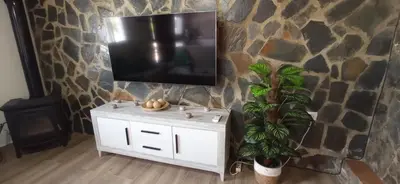 a tv on a stone wall with a white cabinet and a plant at Casa La Cabaña - Solo Familias in Chiclana de la Frontera