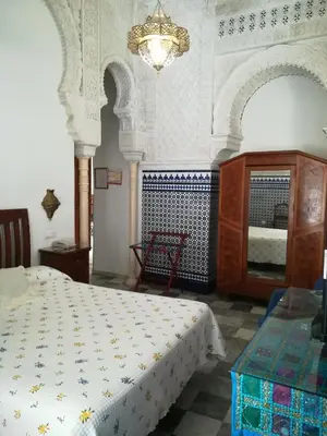 a bedroom with a bed and a chandelier at Nuevo Hotel in Jerez de la Frontera