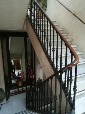 a staircase in a house with black railings at Nuevo Hotel in Jerez de la Frontera