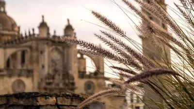 an old building with a clock tower in the background at La Parra Apartamento in Jerez de la Frontera