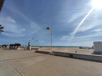 a sandy beach with a statue and the ocean at Loft Paseo Marítimo in Cádiz