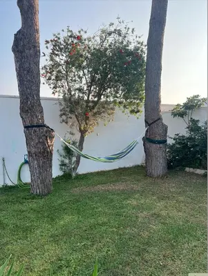 two trees with a rope hanging between them at Fantástico chalet con piscina 2 km de la barrosa in Chiclana de la Frontera