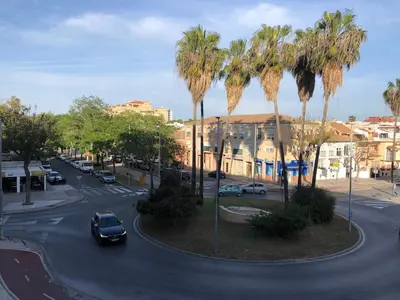 a street with palm trees and cars on the road at Sol y playa Sanlúcar in Sanlúcar de Barrameda