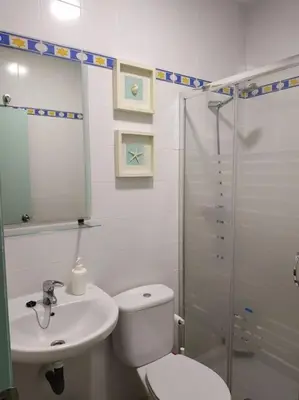 a bathroom with a toilet and a sink and a shower at Apartamento Las Canastas Cádiz Centro a pie de Catedral y playa in Cádiz