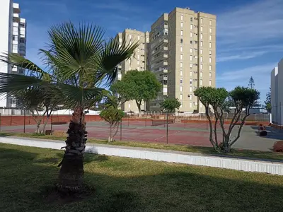 a palm tree in a park with a tennis court at Apartamento Bajo en Valdelagrana, Primera Línea de Playa in El Puerto de Santa María