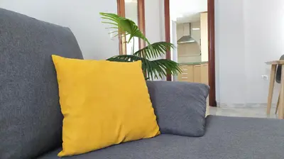 a yellow pillow on a gray couch with a plant at Sherryflat Claveles - Parking in Jerez de la Frontera
