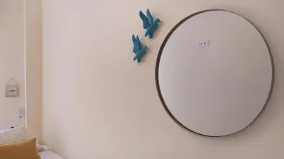 a mirror on a wall with blue birds on the wall at Sherryflat Fontana in Jerez de la Frontera