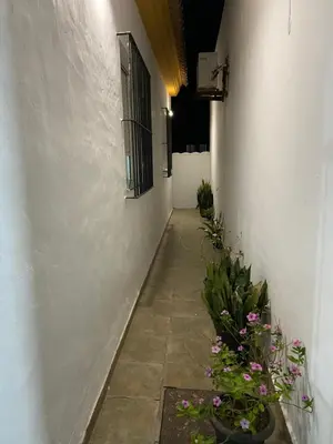 an alley with flowers and a window and a door at Alojamiento Rural Al´Mare in Conil de la Frontera